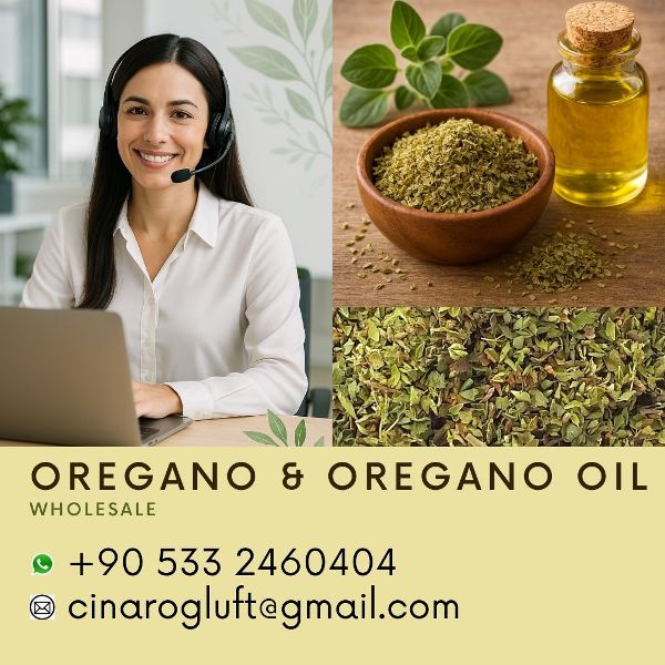 Bulk dried oregano leaves in a wooden bowl with wild-grown organic oregano oil in a glass bottle, representing wholesale oregano and bulk oregano oil export from Turkey.